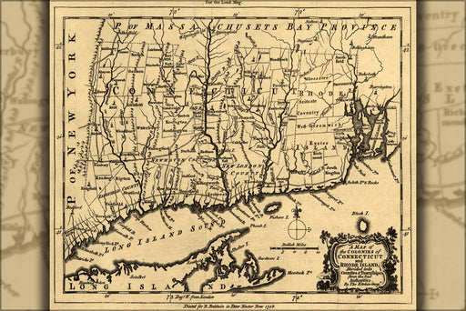 24"x36" Gallery Poster, map of Connecticut and Rhode Island 1758