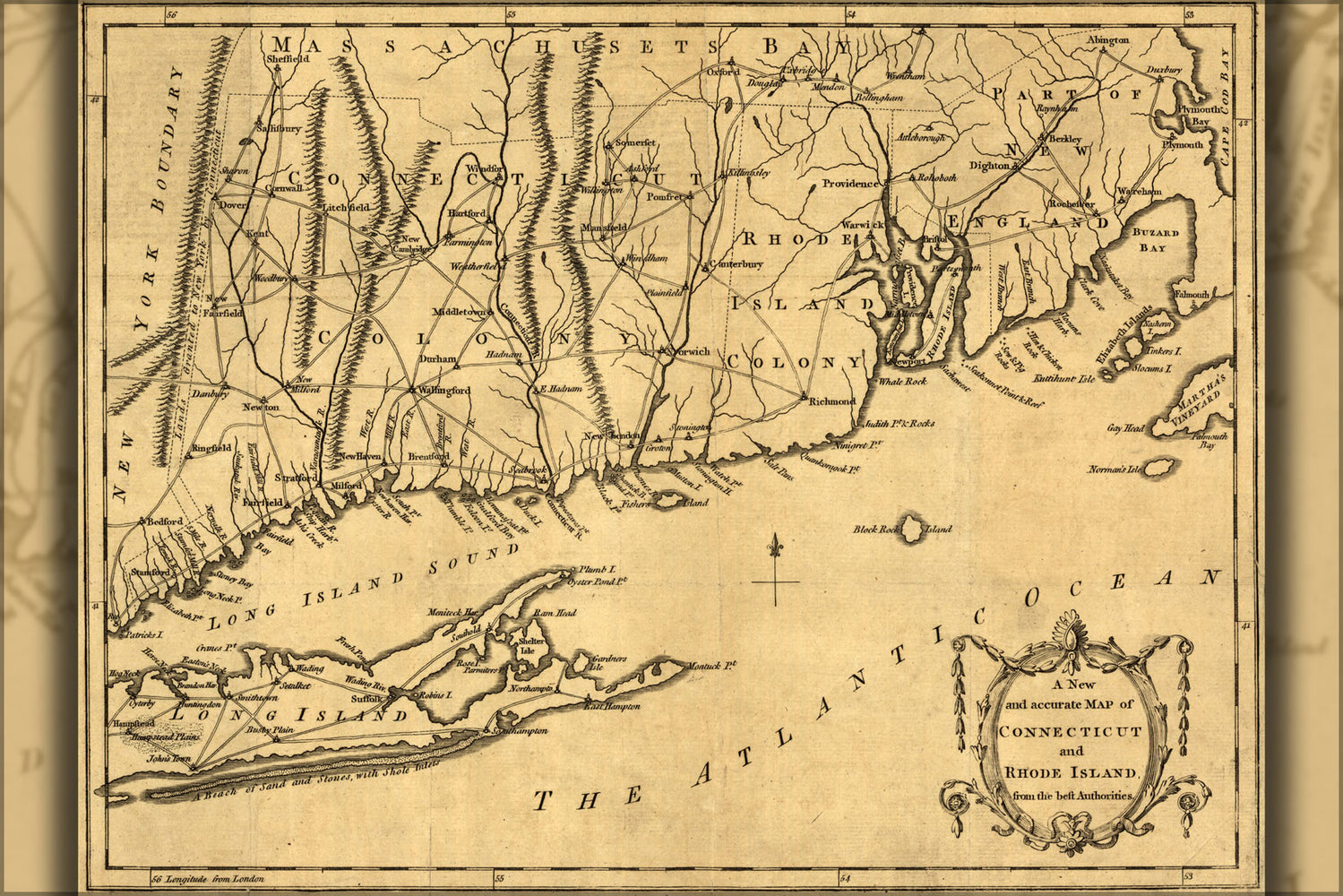 24"x36" Gallery Poster, map of Connecticut and Rhode Island 1780