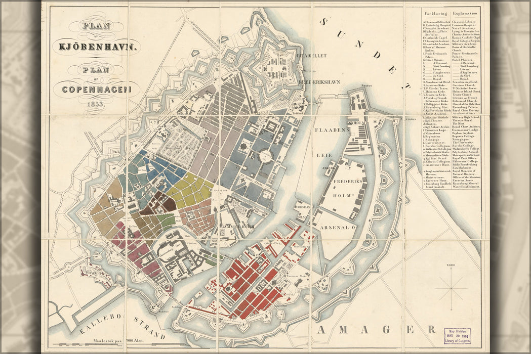 24"x36" Gallery Poster, map of Copenhagen Denmark 1853 in danish