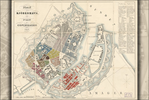 24"x36" Gallery Poster, map of Copenhagen Denmark 1853 in danish