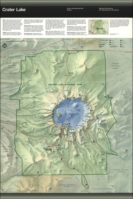 24"x36" Gallery Poster, map of Crater Lake National Park, Oregon 1996