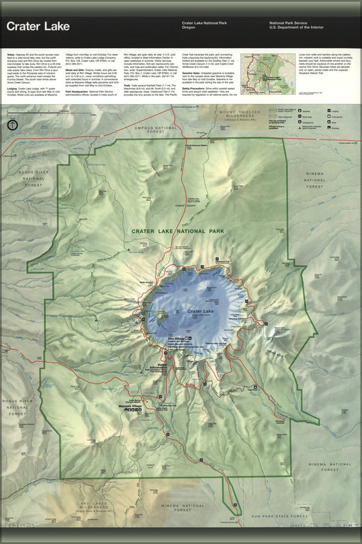 24"x36" Gallery Poster, map of Crater Lake National Park, Oregon 1996