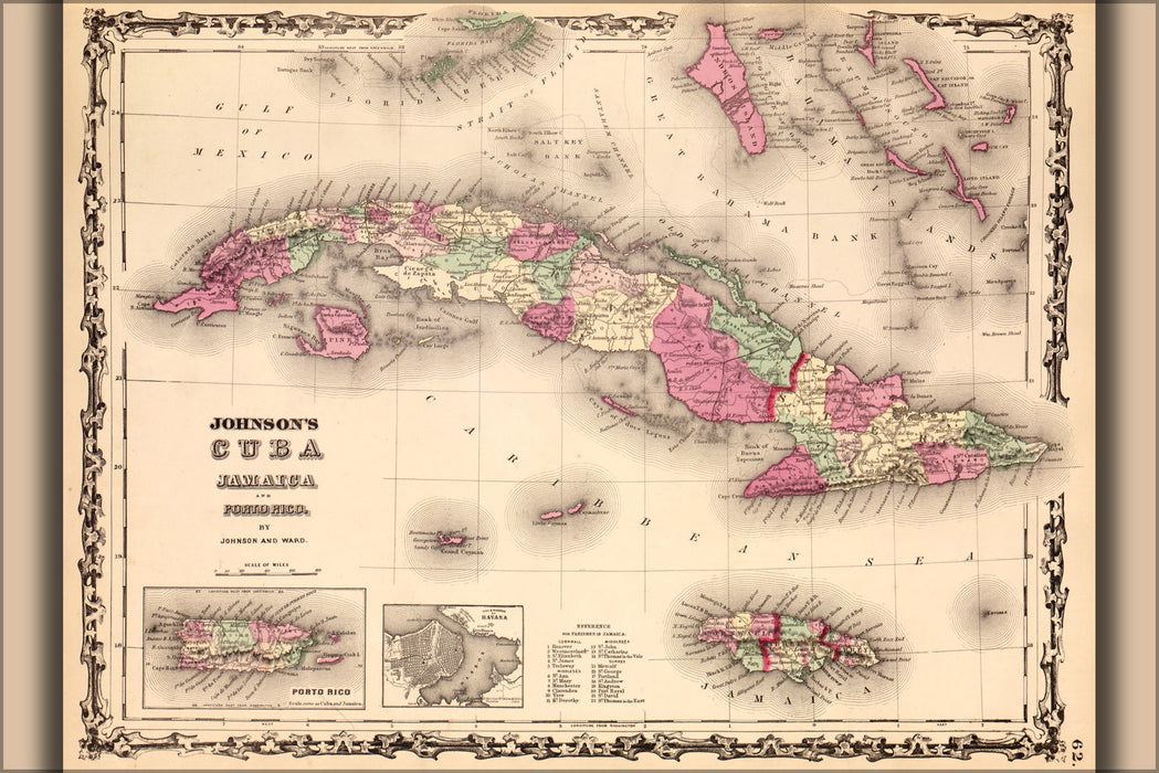 24"x36" Gallery Poster, map of Cuba, Jamaica, & Puerto Rico 1862
