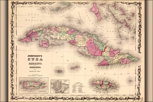 24"x36" Gallery Poster, map of Cuba, Jamaica, & Puerto Rico 1862