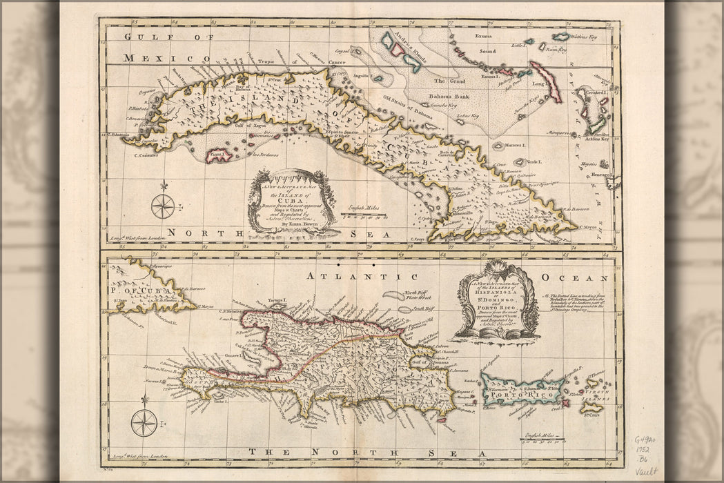24"x36" Gallery Poster, map of Cuba Hispaniola puerto rico 1752