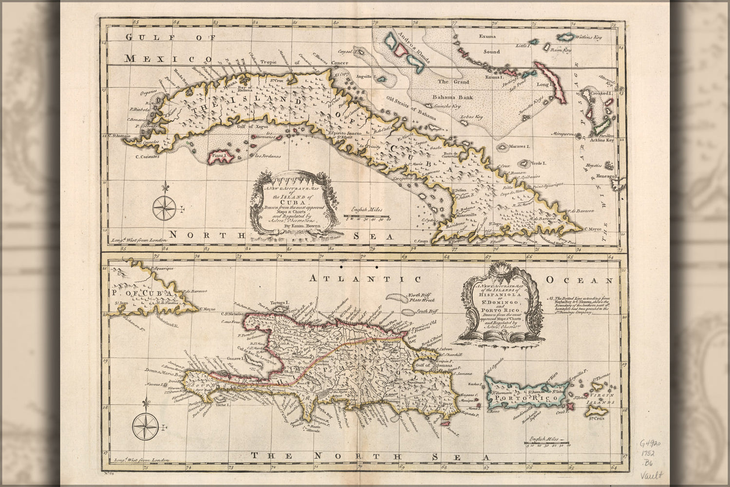 24"x36" Gallery Poster, map of Cuba Hispaniola puerto rico 1752