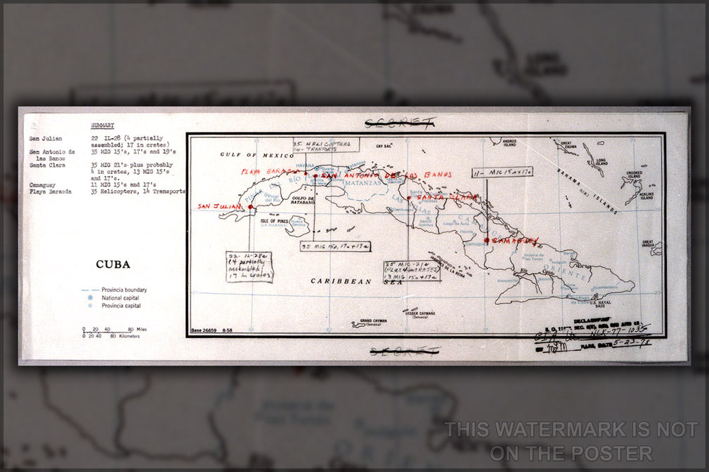 24"x36" Gallery Poster, map of Cuban missile locations, with a partial listing of Soviet military equipment cuban missile crisis