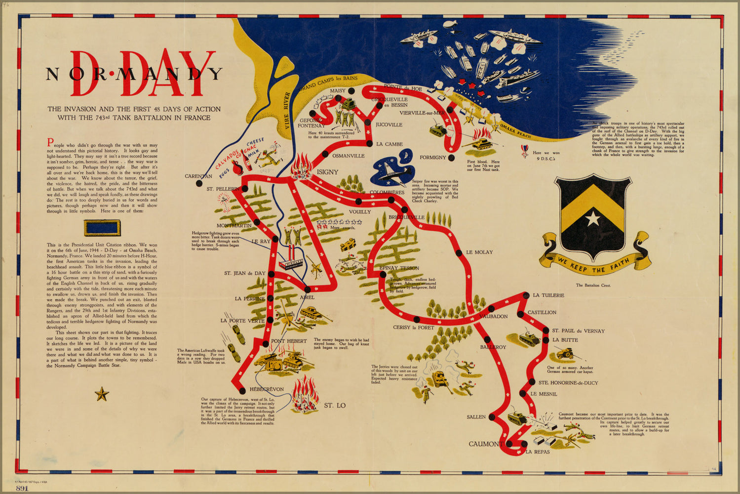 24"x36" Gallery Poster, map of D-day Normandy France 743rd tank battalion