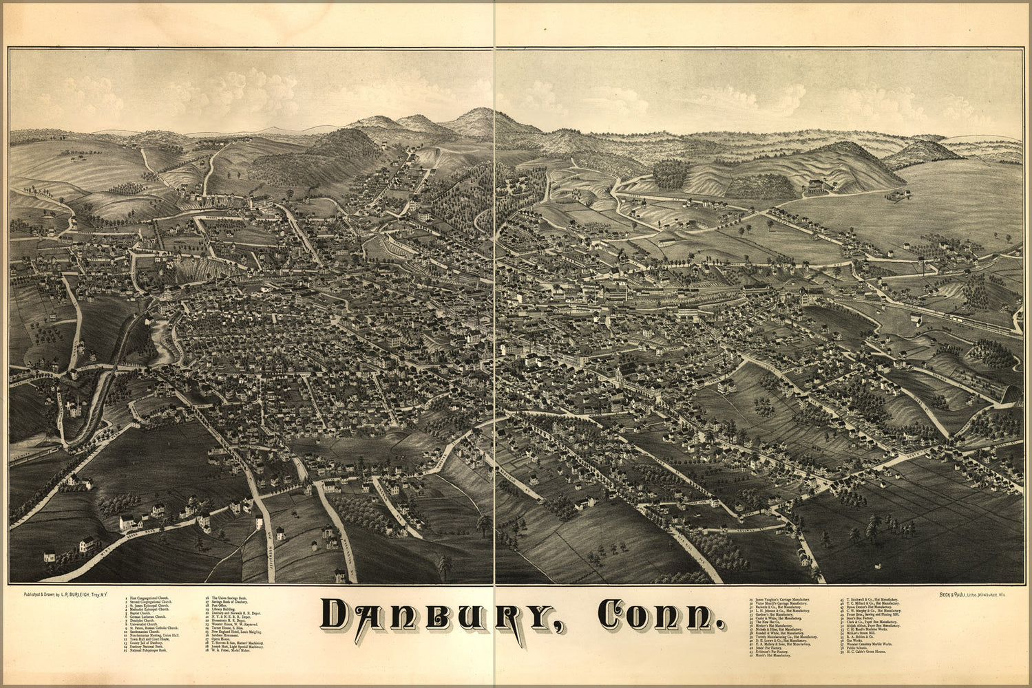 24"x36" Gallery Poster, map of Danbury, Connecticut 1884