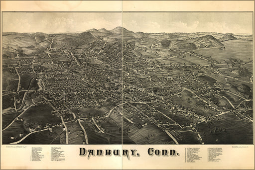 24"x36" Gallery Poster, map of Danbury, Connecticut 1884