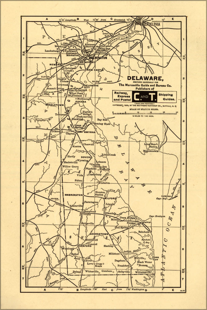 24"x36" Gallery Poster, map of Delaware, 1899