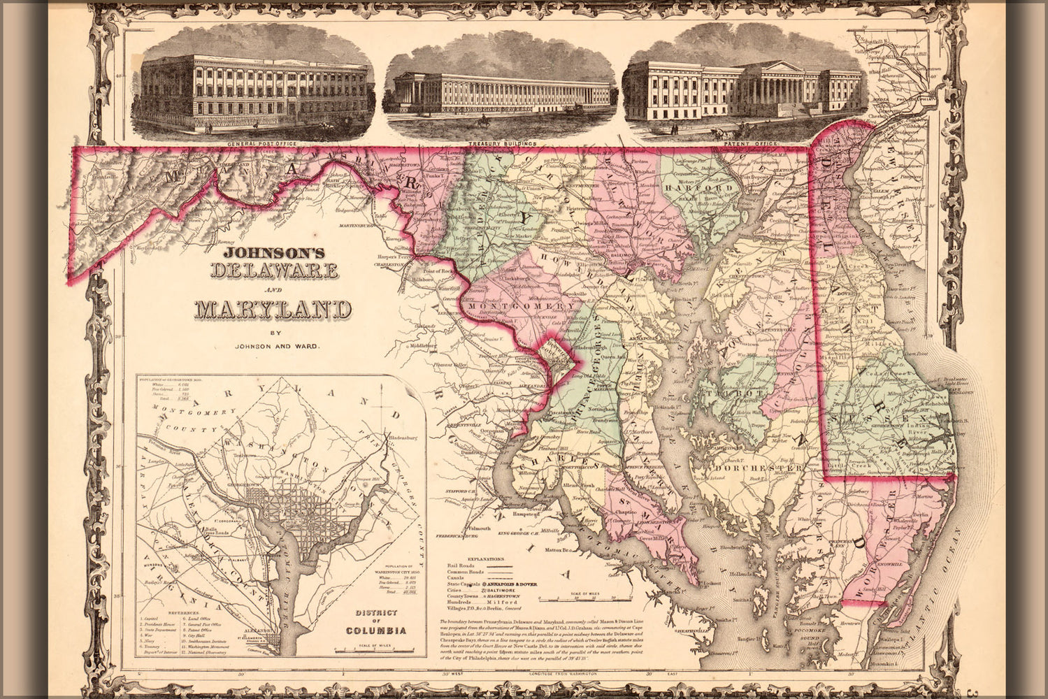 24"x36" Gallery Poster, map of Delaware and Maryland 1862