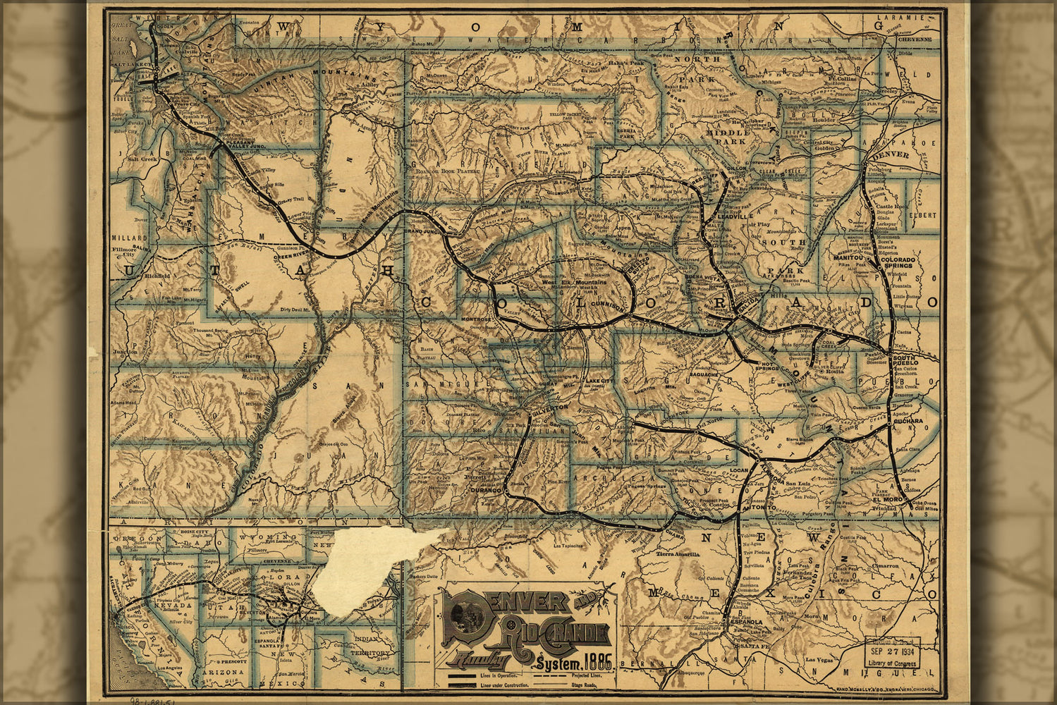 24"x36" Gallery Poster, map of Denver and Rio Grande Railroad 1886