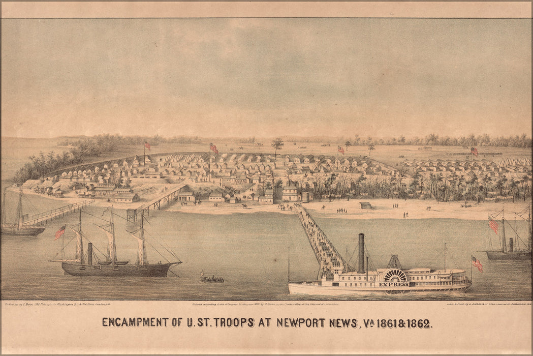 24"x36" Gallery Poster, map of Encampment of U.S troops at Newport News, Va., 1861 & 1862