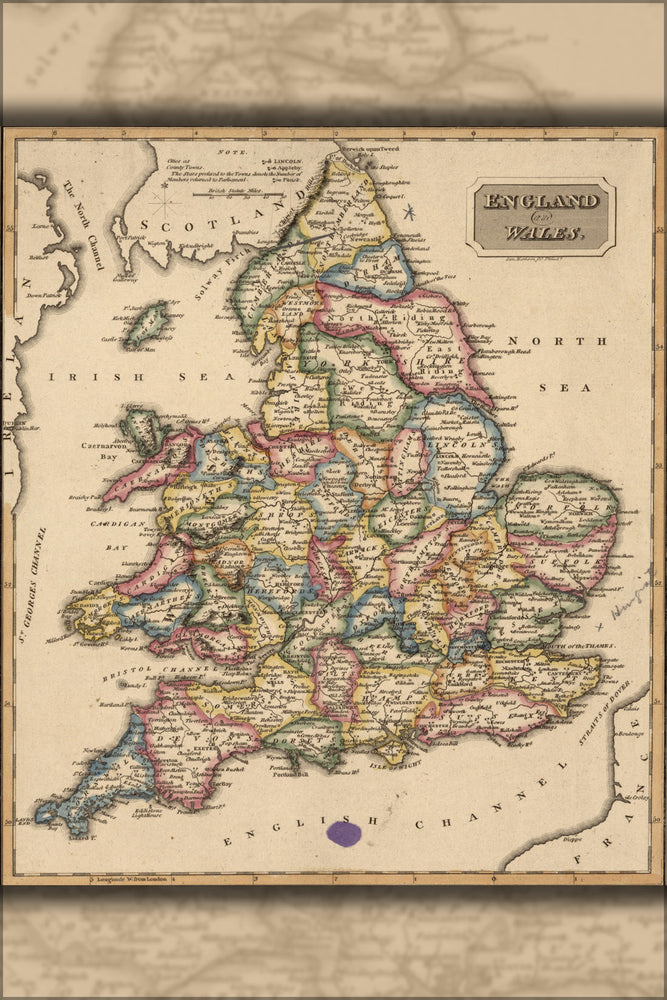 24"x36" Gallery Poster, map of England and Wales 1817