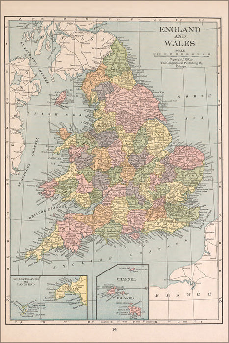 24"x36" Gallery Poster, map of England and Wales 1927