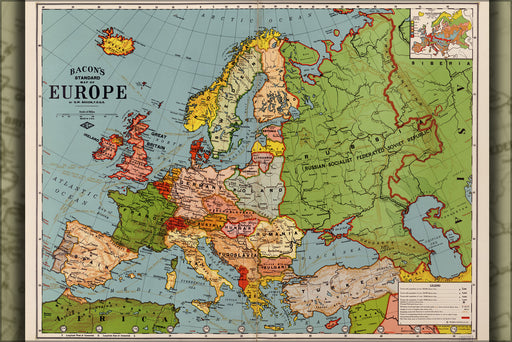24"x36" Gallery Poster, map of Europe; spain france germany italy greece poland england 1920