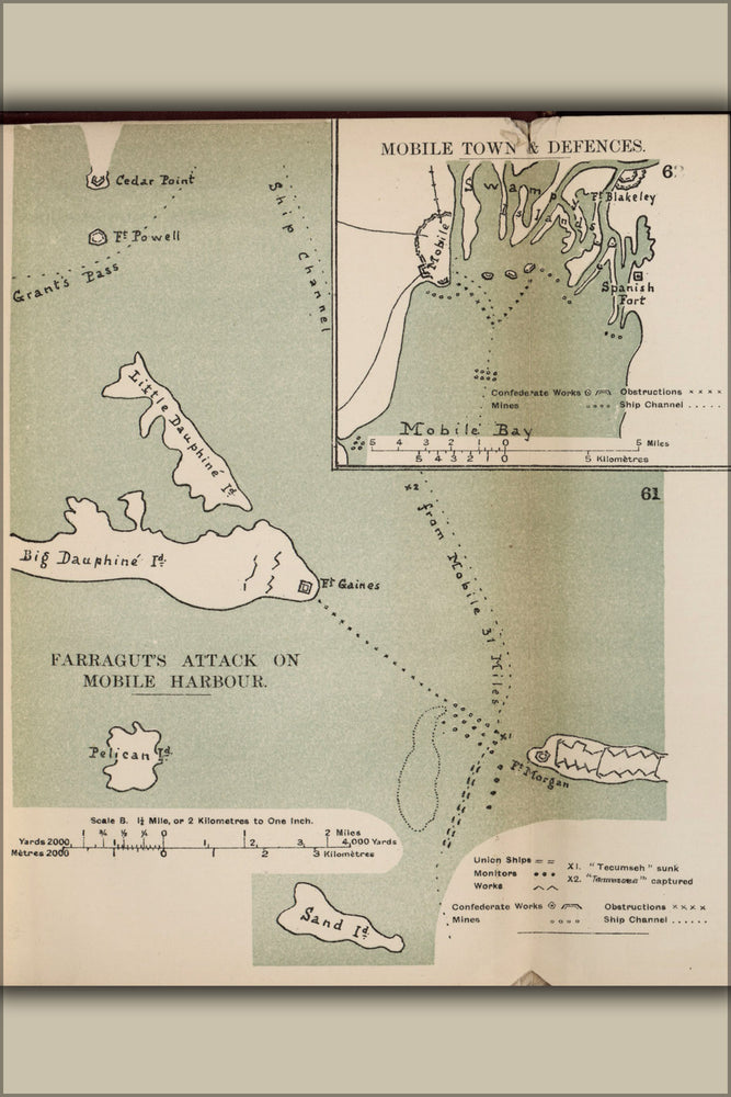 24"x36" Gallery Poster, map of Farragut's attack on Mobile alabama