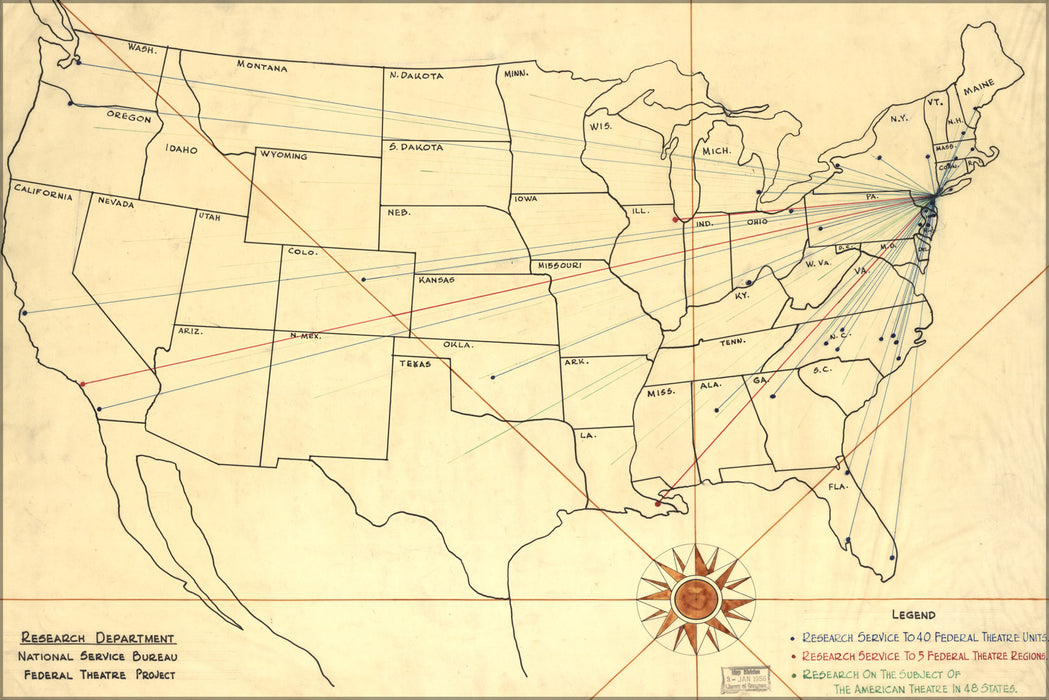24"x36" Gallery Poster, map of Federal Theatre Project united states 1930