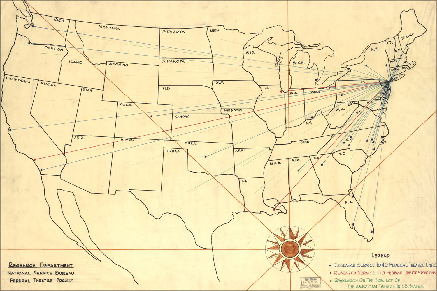 24"x36" Gallery Poster, map of Federal Theatre Project united states 1930