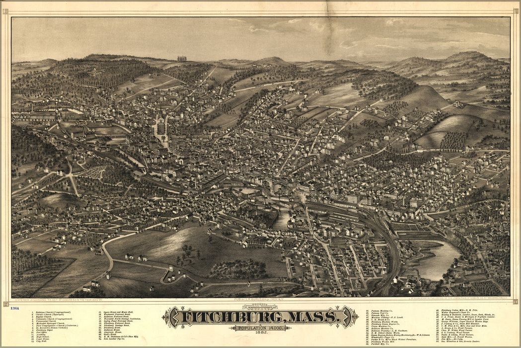 24"x36" Gallery Poster, map of Fitchburg, Massachusetts 1882
