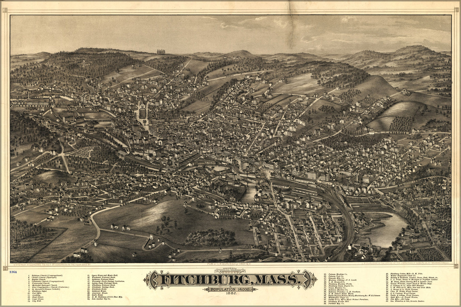 24"x36" Gallery Poster, map of Fitchburg, Massachusetts 1882