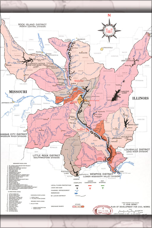 24"x36" Gallery Poster, map of Flood control plan Mississippi River 1995