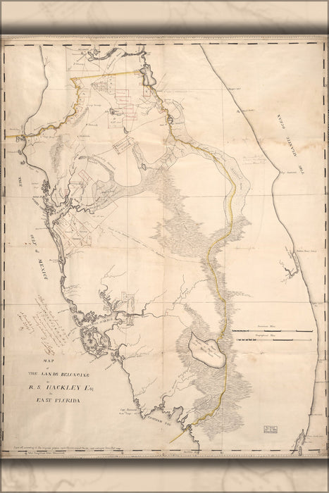 24"x36" Gallery Poster, map of Florida, Micanopy to Key Biscayne 1823
