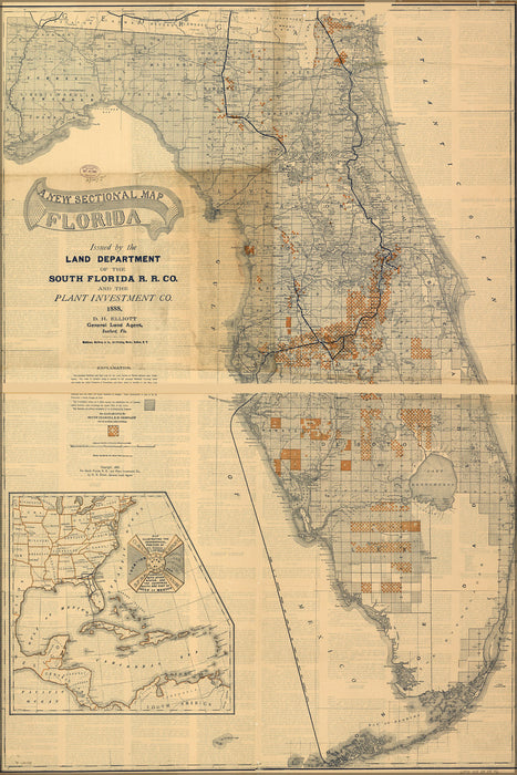 24"x36" Gallery Poster, map of Florida issued by South Florida R.r. 1888