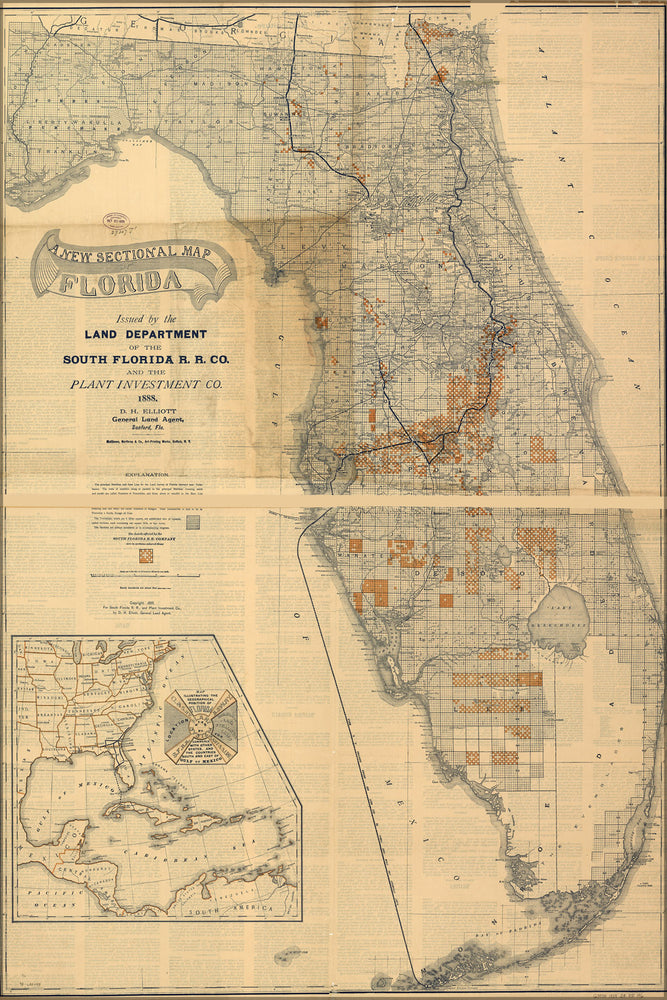 24"x36" Gallery Poster, map of Florida issued by South Florida R.r. 1888
