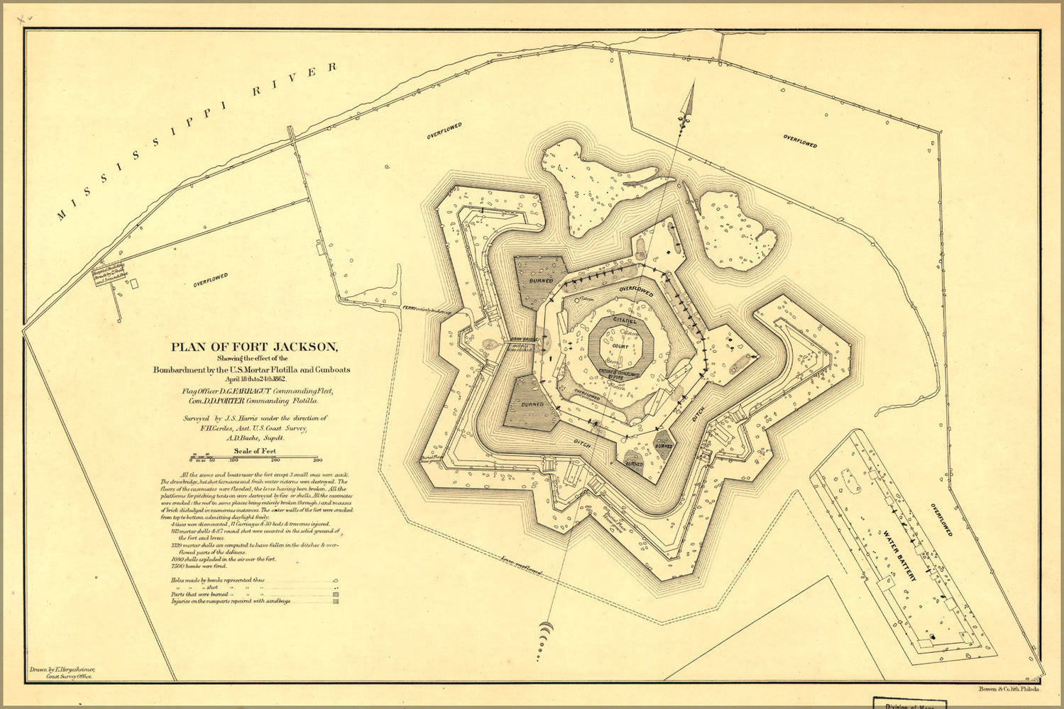 24"x36" Gallery Poster, map of Fort Jackson louisiana after attack 1862