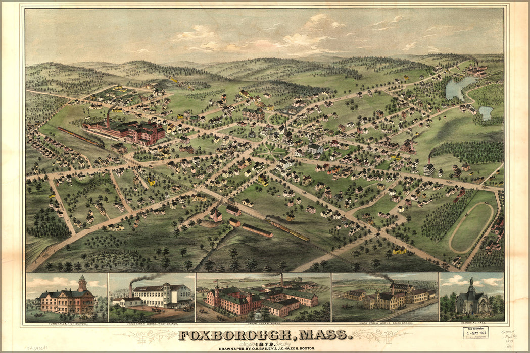 24"x36" Gallery Poster, map of Foxborough Massachusetts 1879