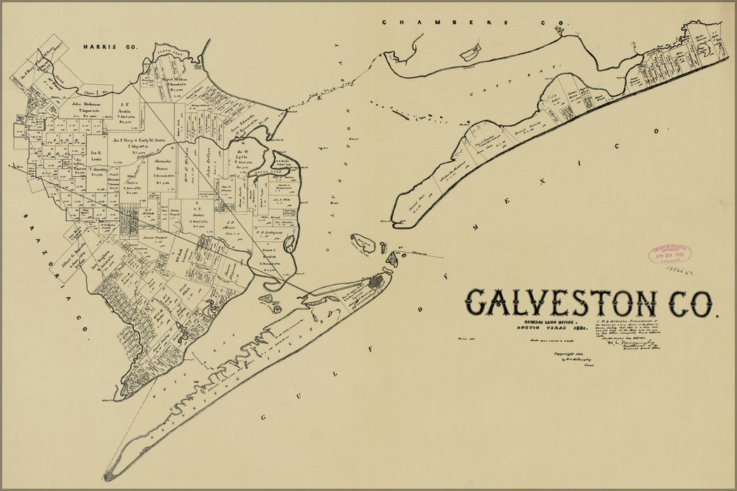 24"x36" Gallery Poster, map of Galveston Co. texas 1892
