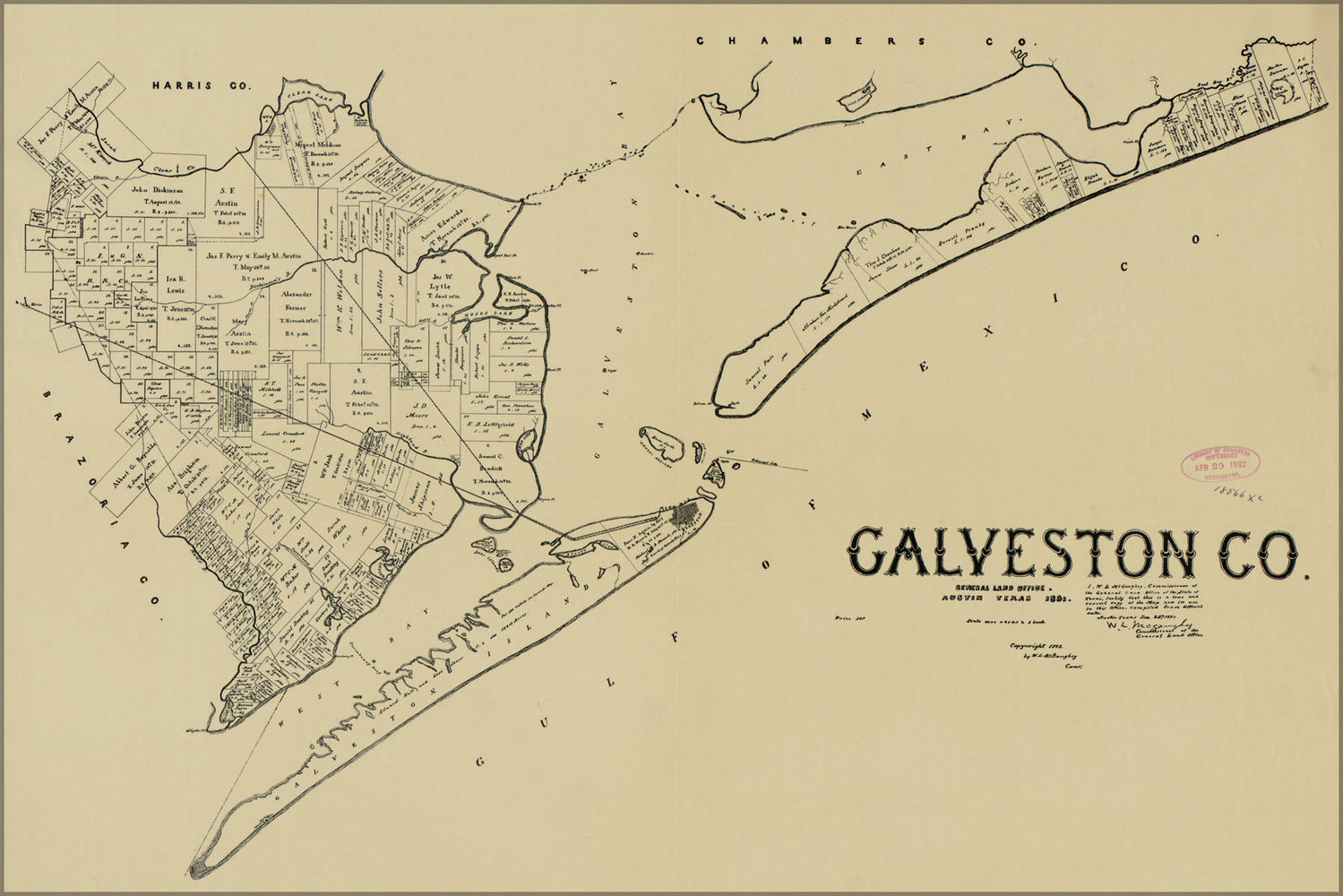 24"x36" Gallery Poster, map of Galveston Co. texas 1892