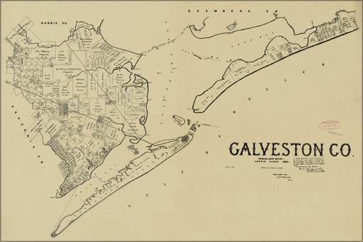 24"x36" Gallery Poster, map of Galveston Co. texas 1892