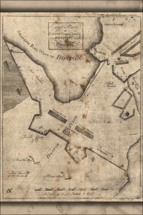 24"x36" Gallery Poster, map of General Gages lines on Boston Neck 1775