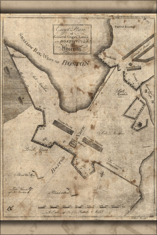24"x36" Gallery Poster, map of General Gages lines on Boston Neck 1775