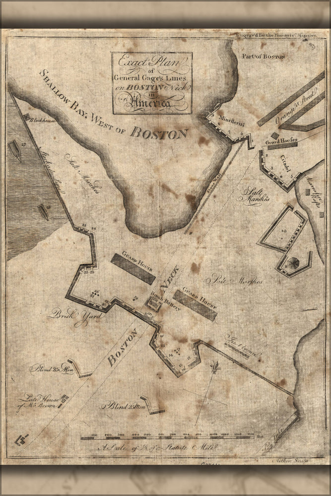 24"x36" Gallery Poster, map of General Gages lines on Boston Neck 1775