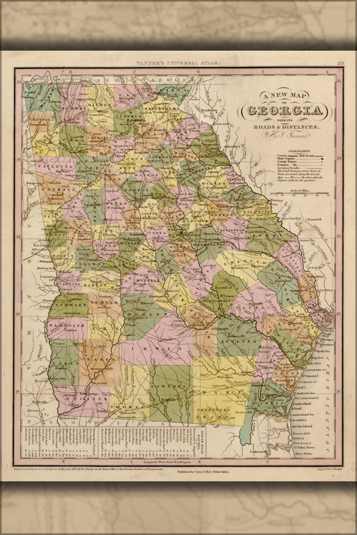 24"x36" Gallery Poster, map of Georgia 1844
