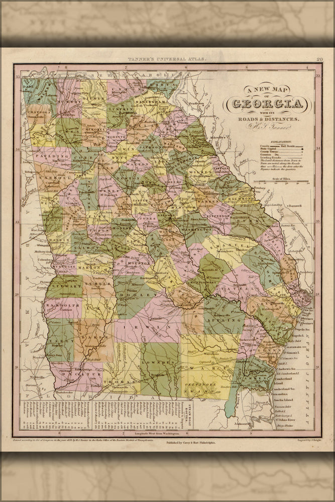 24"x36" Gallery Poster, map of Georgia 1844
