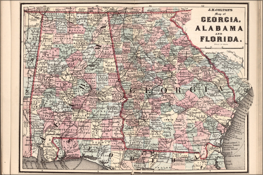 24"x36" Gallery Poster, map of Georgia, Alabama, and Florida 1863