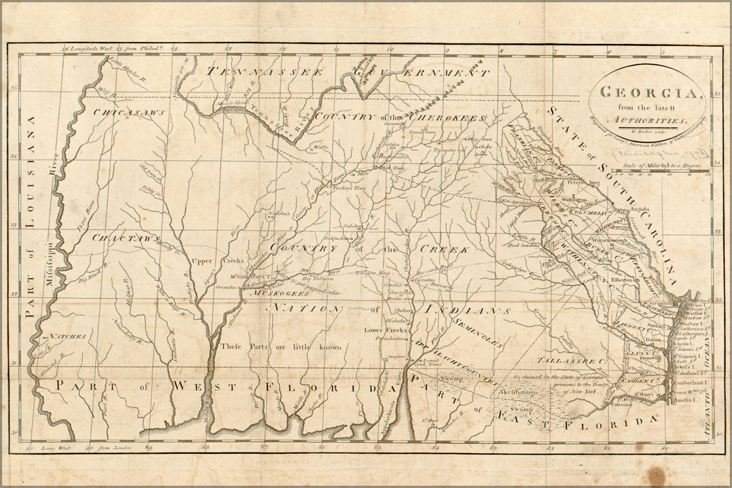 24"x36" Gallery Poster, map of Georgia, Alabama, and Mississippi 1795