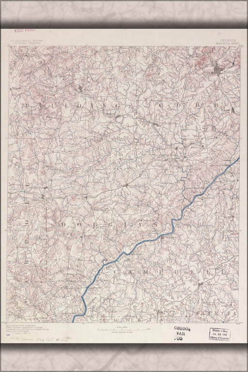 24"x36" Gallery Poster, map of Georgia, Marietta sheet 1888