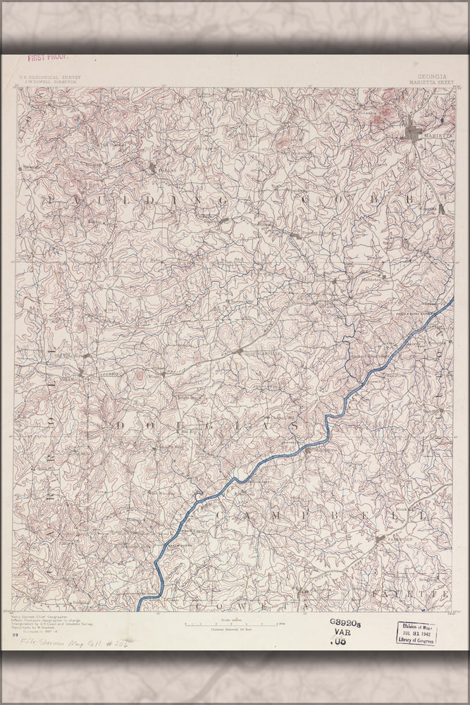 24"x36" Gallery Poster, map of Georgia, Marietta sheet 1888