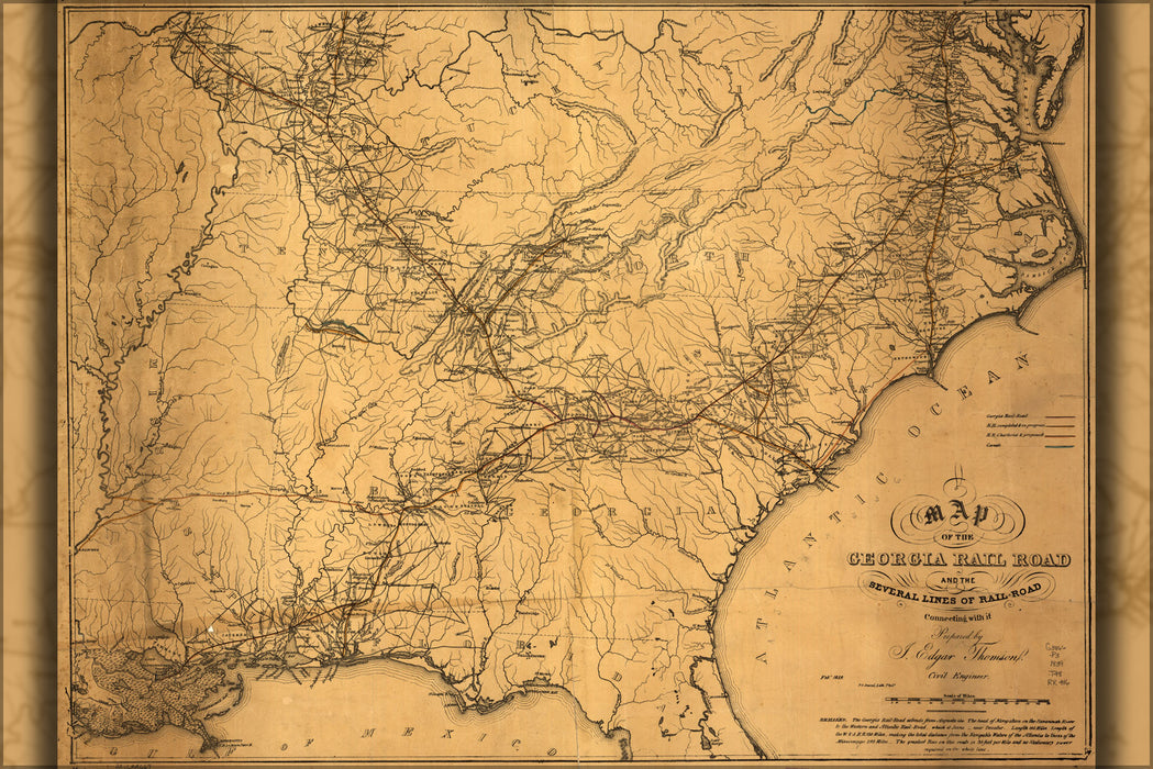 24"x36" Gallery Poster, map of Georgia RailRoad north south carolina 1839