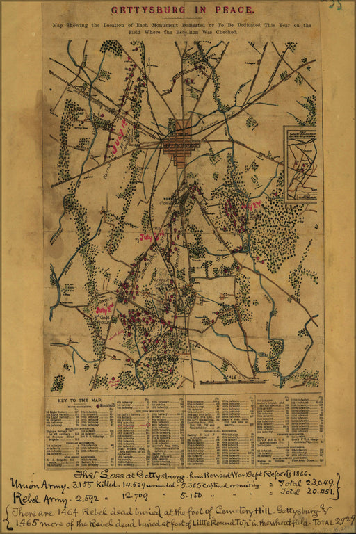 24"x36" Gallery Poster, map of Gettysburg pennsylvania in peace 1865