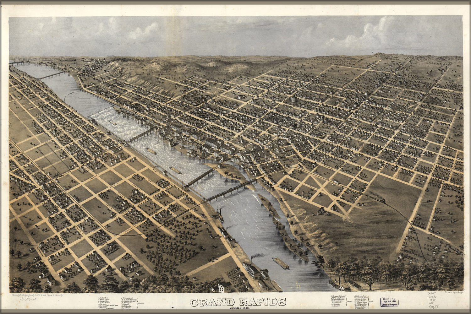 24"x36" Gallery Poster, map of Grand Rapids, Michigan 1868