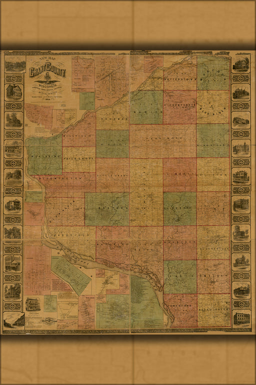 24"x36" Gallery Poster, map of Grant County, Wisconsin 1868