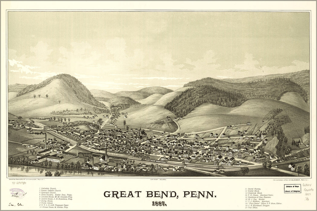 24"x36" Gallery Poster, map of Great Bend, Pennsylvania 1887