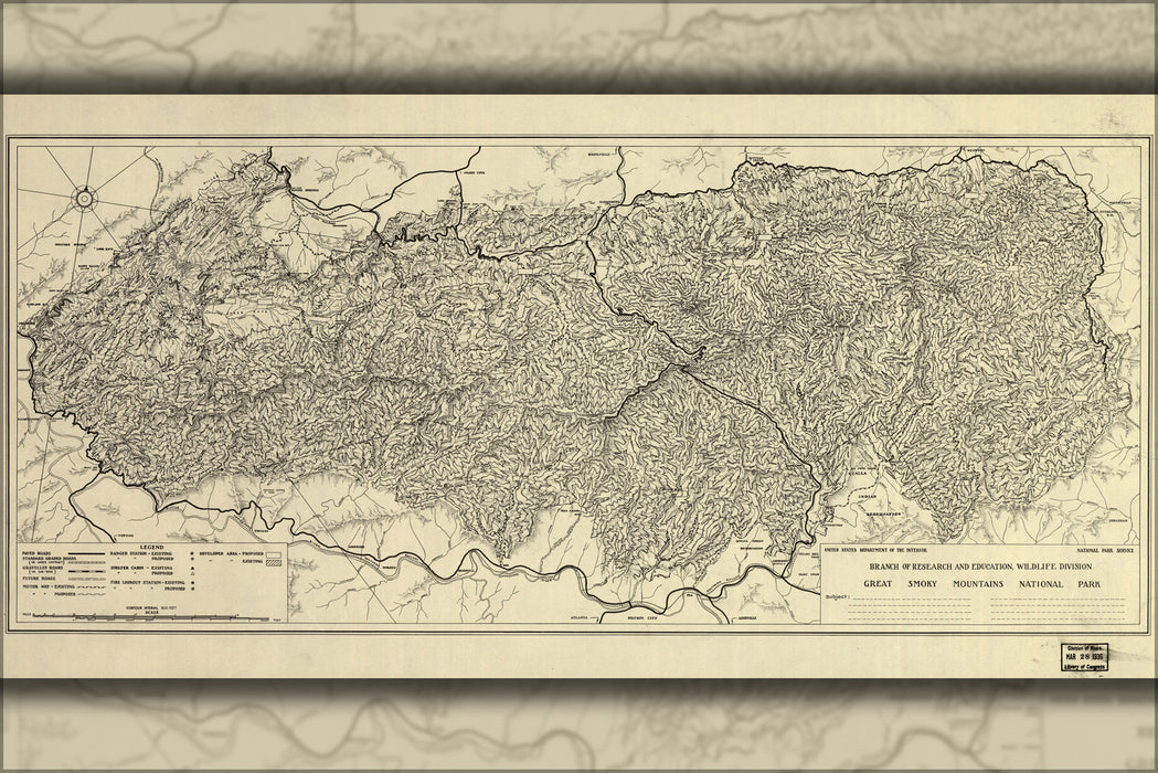 24"x36" Gallery Poster, map of Great Smoky Mountains National Park 1935